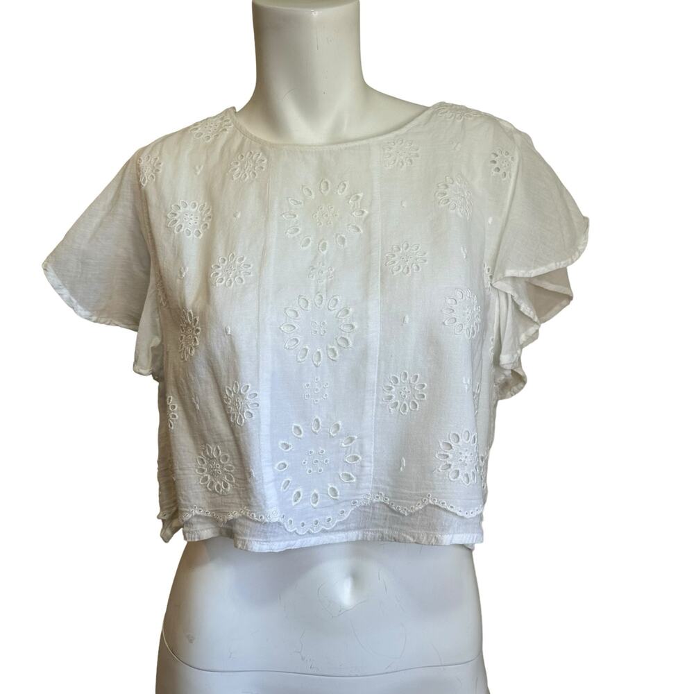 LOA White Cotton Romantic Eyelet Flutter Crop Short Sleeve Back Tie Blouse sz M